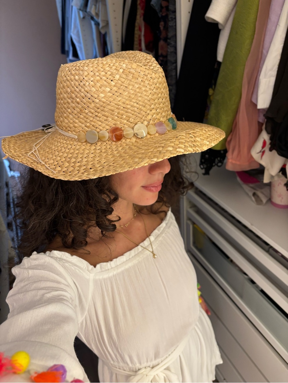 Straw Beach Fedora Hat with Multicolor Bead Trim